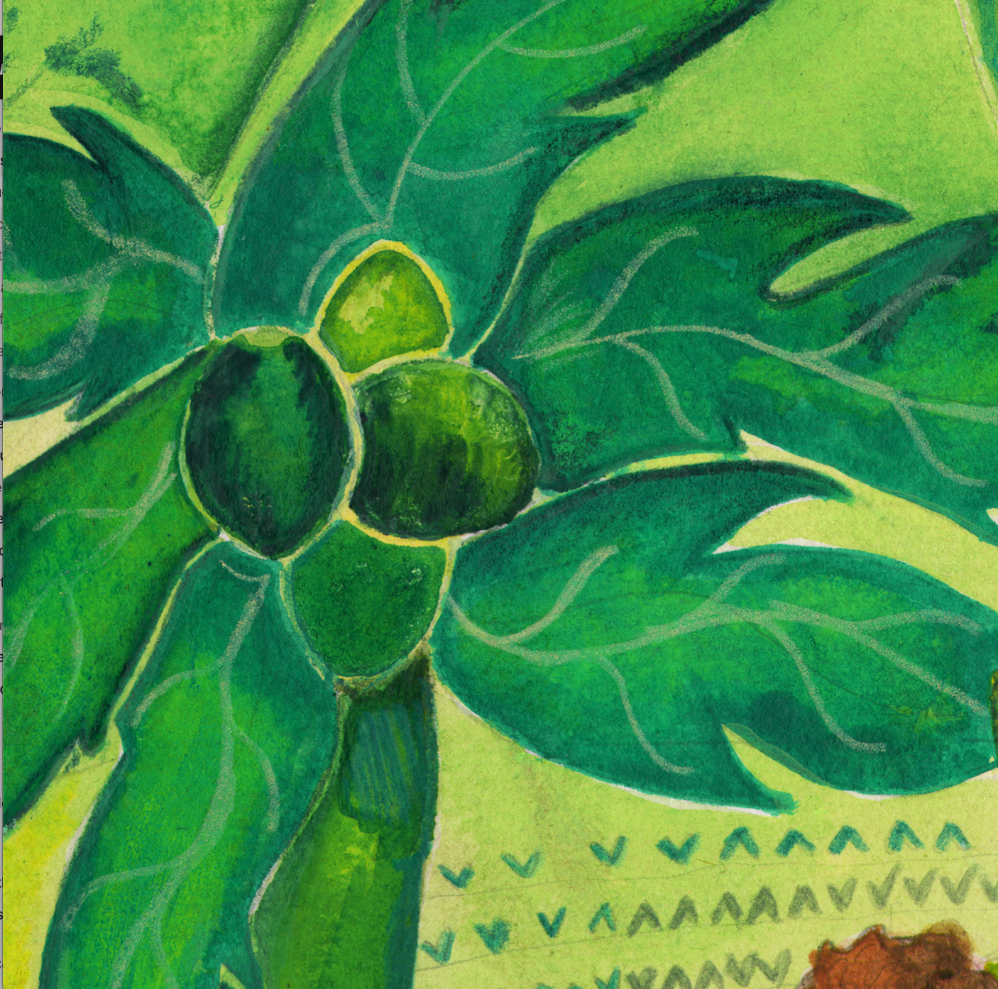 In the Valley of Green — original acrylic painting of two lovers among papaya trees by Anya Cherrice