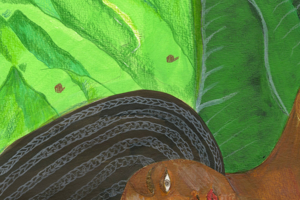 And It's Beside Her That I Rest original painting — close-up detail of braided hair and banana leaves showing acrylic texture