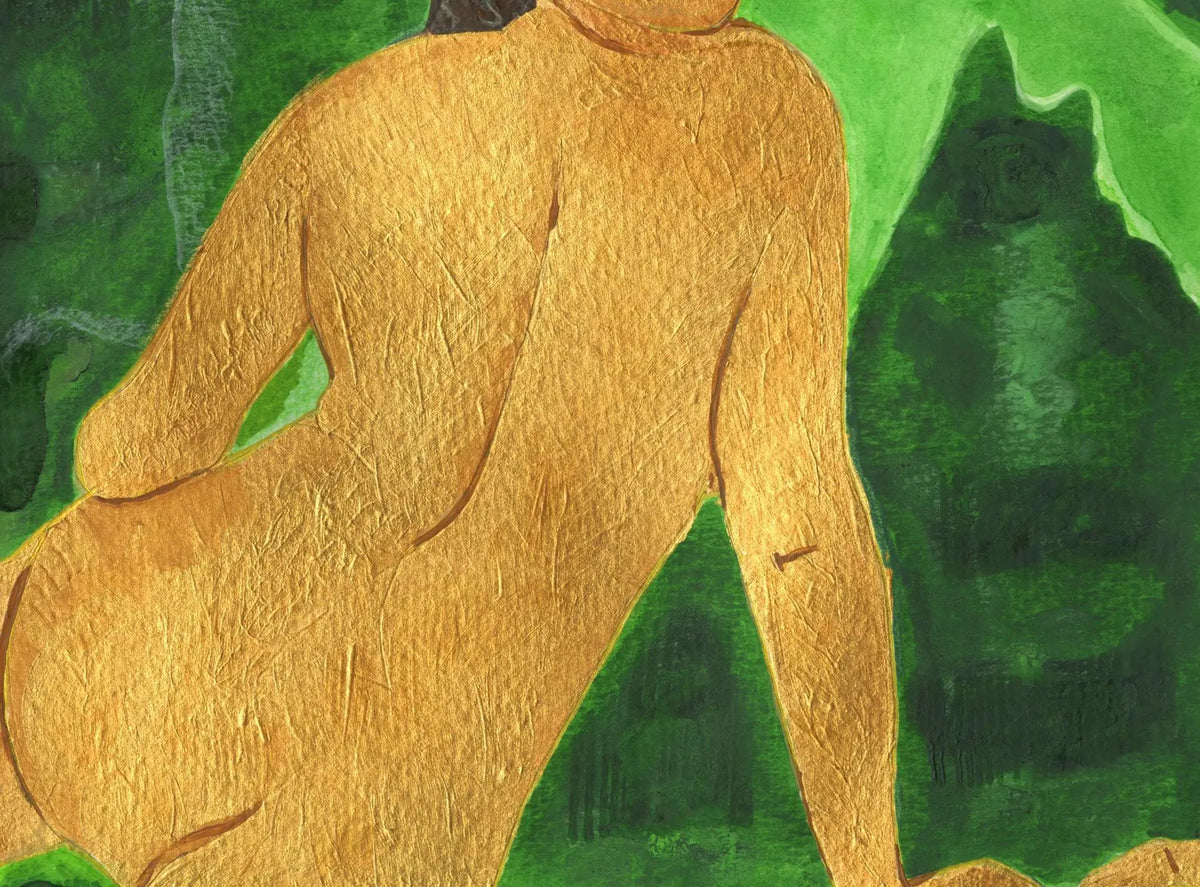 Where the Sun Rests original painting — close-up detail of gold-painted figure against green mountains