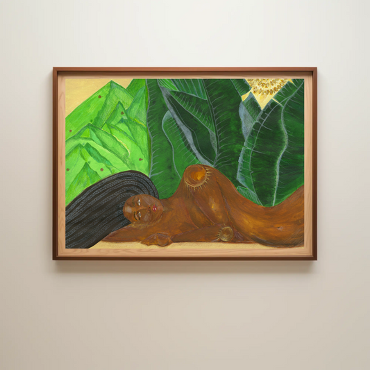 And It's Beside Her That I Rest — acrylic painting of a woman resting beneath banana leaves with green Caribbean mountains by Anya Cherrice