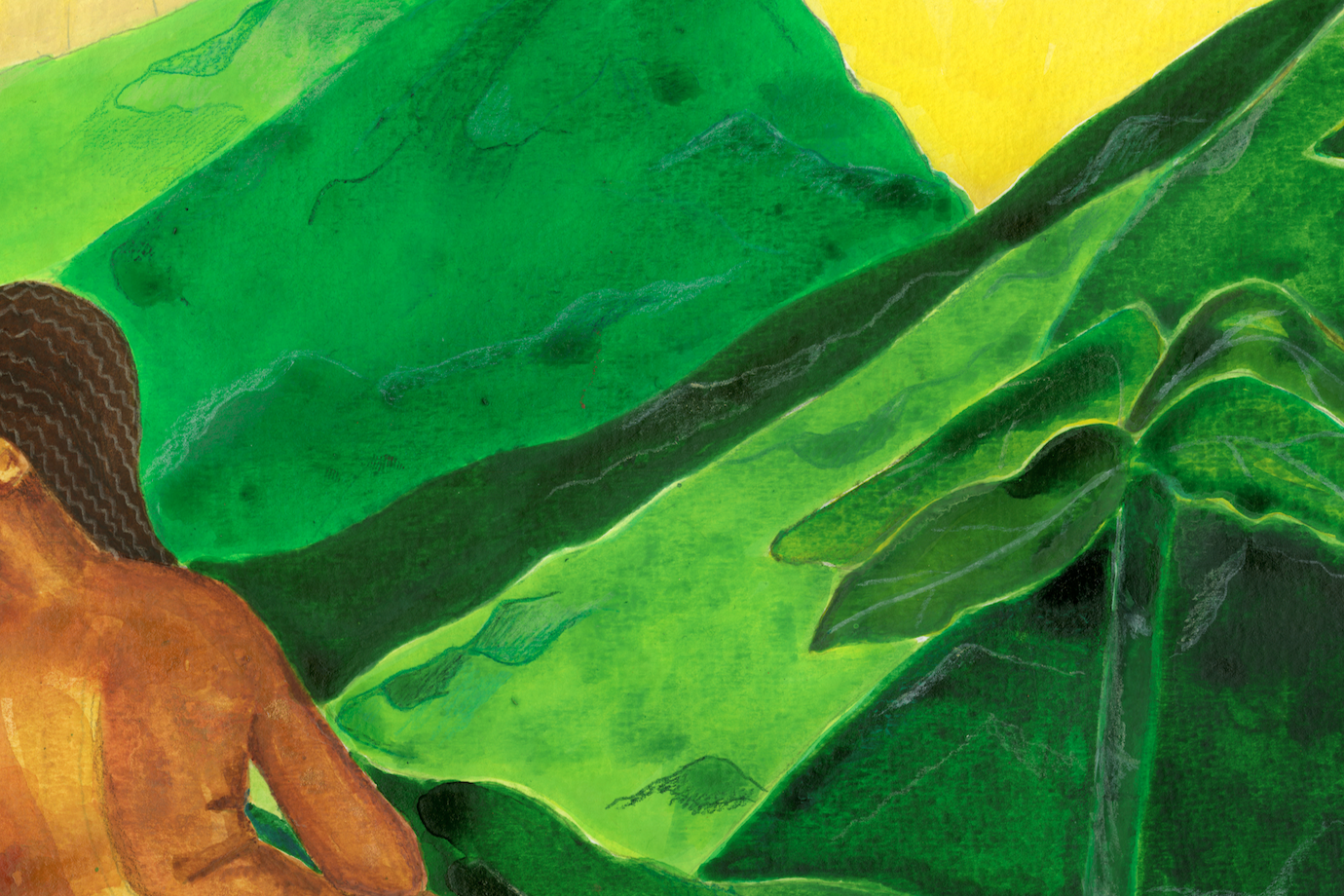Basking in Golds and Greens original painting — detail of goddess figure in golden light showing acrylic texture