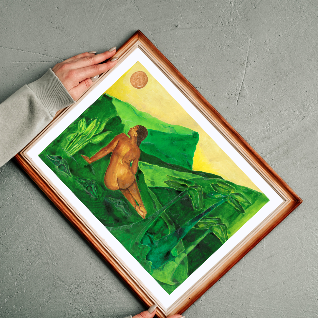 Basking in Golds and Greens original painting held in the artist's hands, shown framed