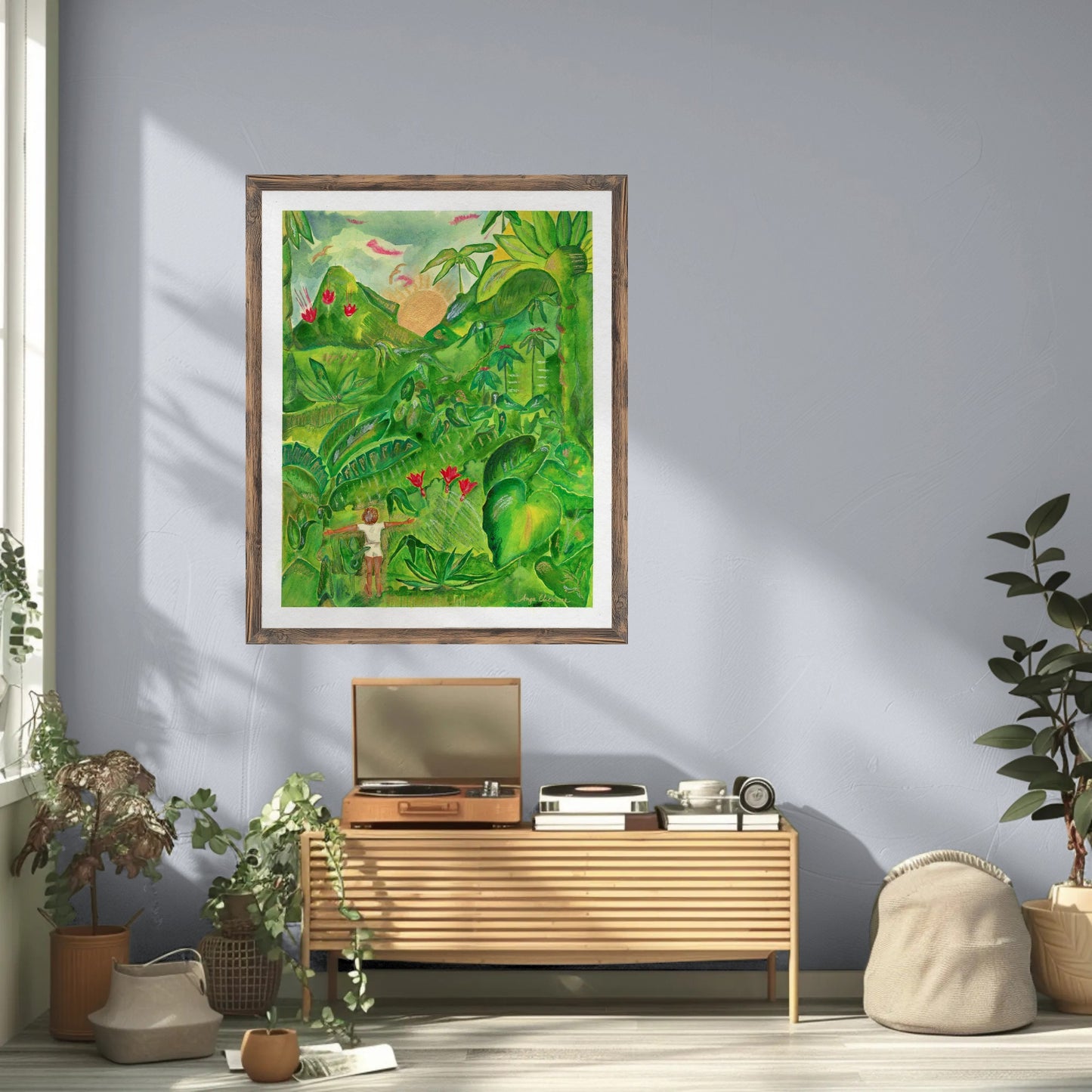 Freedom Becomes Her — Tropical Jungle Art Print | Caribbean Botanical Acrylic Painting of Woman & Sunrise