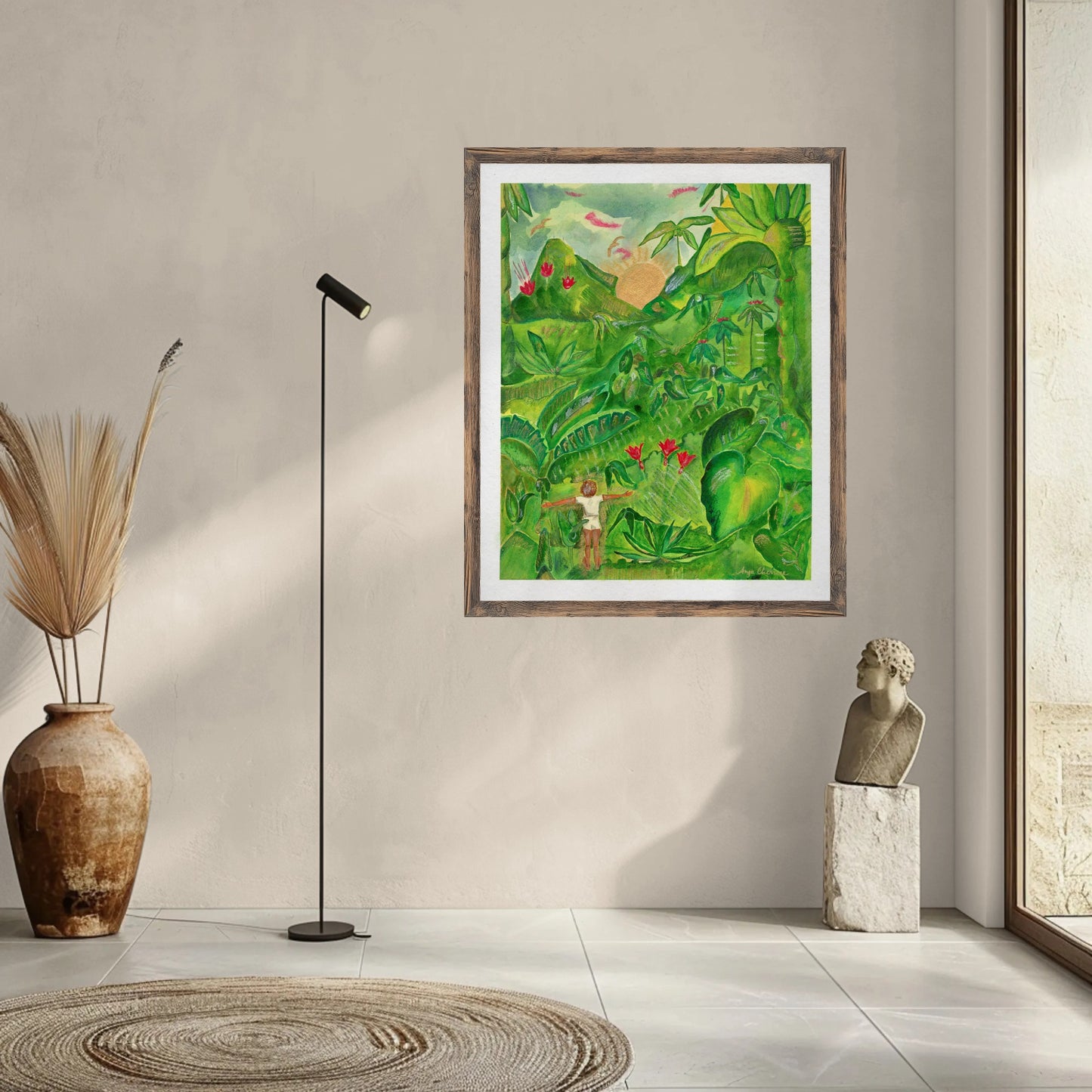 Freedom Becomes Her — Tropical Jungle Art Print | Caribbean Botanical Acrylic Painting of Woman & Sunrise