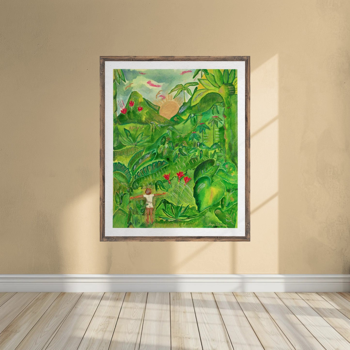 Freedom Becomes Her — Tropical Jungle Art Print | Caribbean Botanical Acrylic Painting of Woman & Sunrise