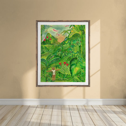 Freedom Becomes Her — Tropical Jungle Art Print | Caribbean Botanical Acrylic Painting of Woman & Sunrise