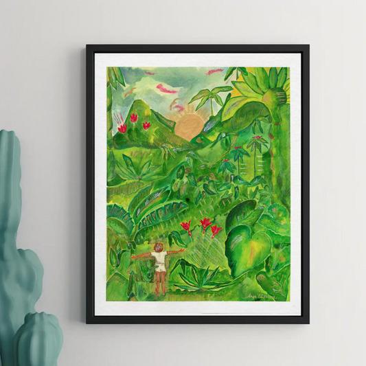 Freedom Becomes Her — Tropical Jungle Art Print | Caribbean Botanical Acrylic Painting of Woman & Sunrise