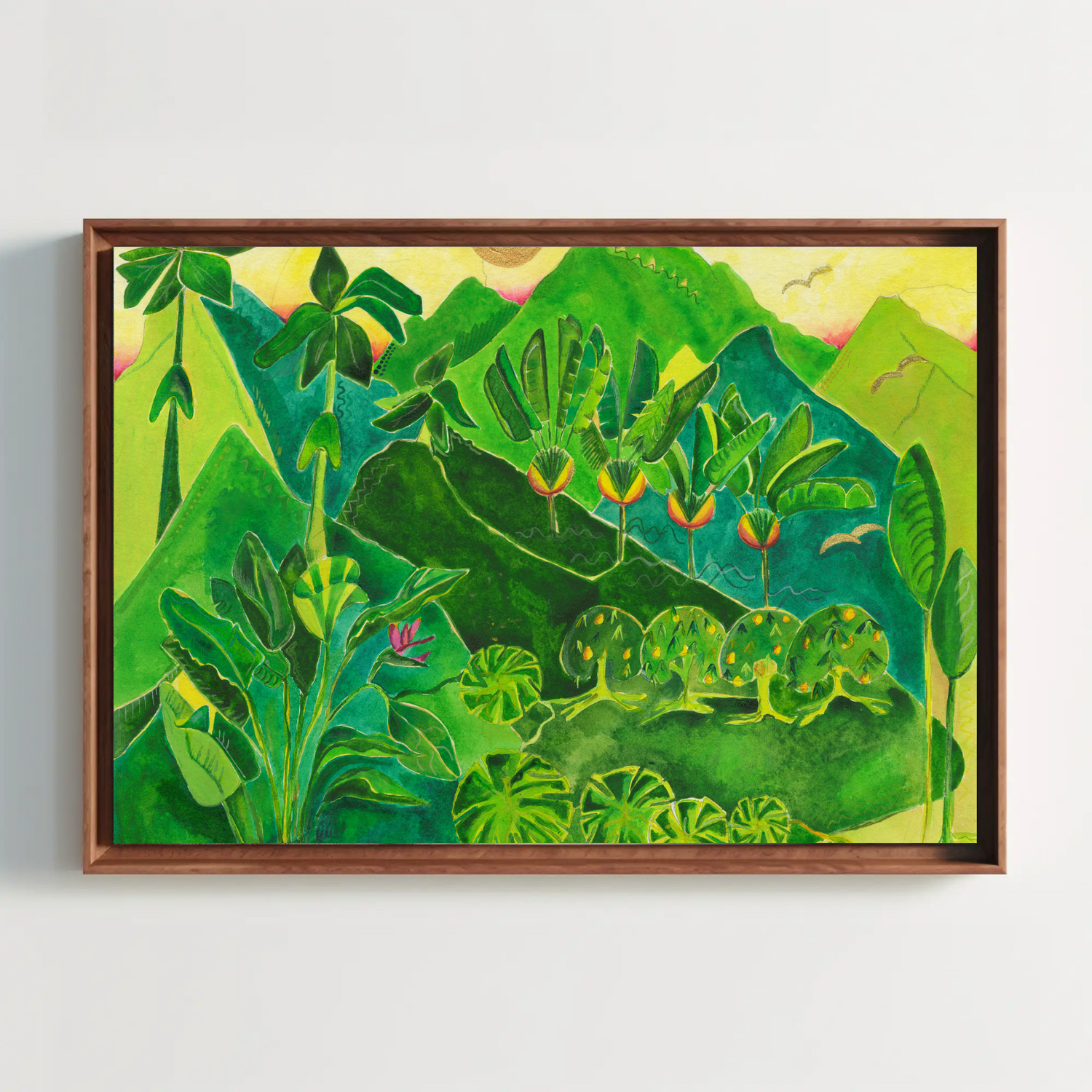 Original Caribbean-inspired acrylic painting by Anya Cherrice featuring lush greenery and golden foilage