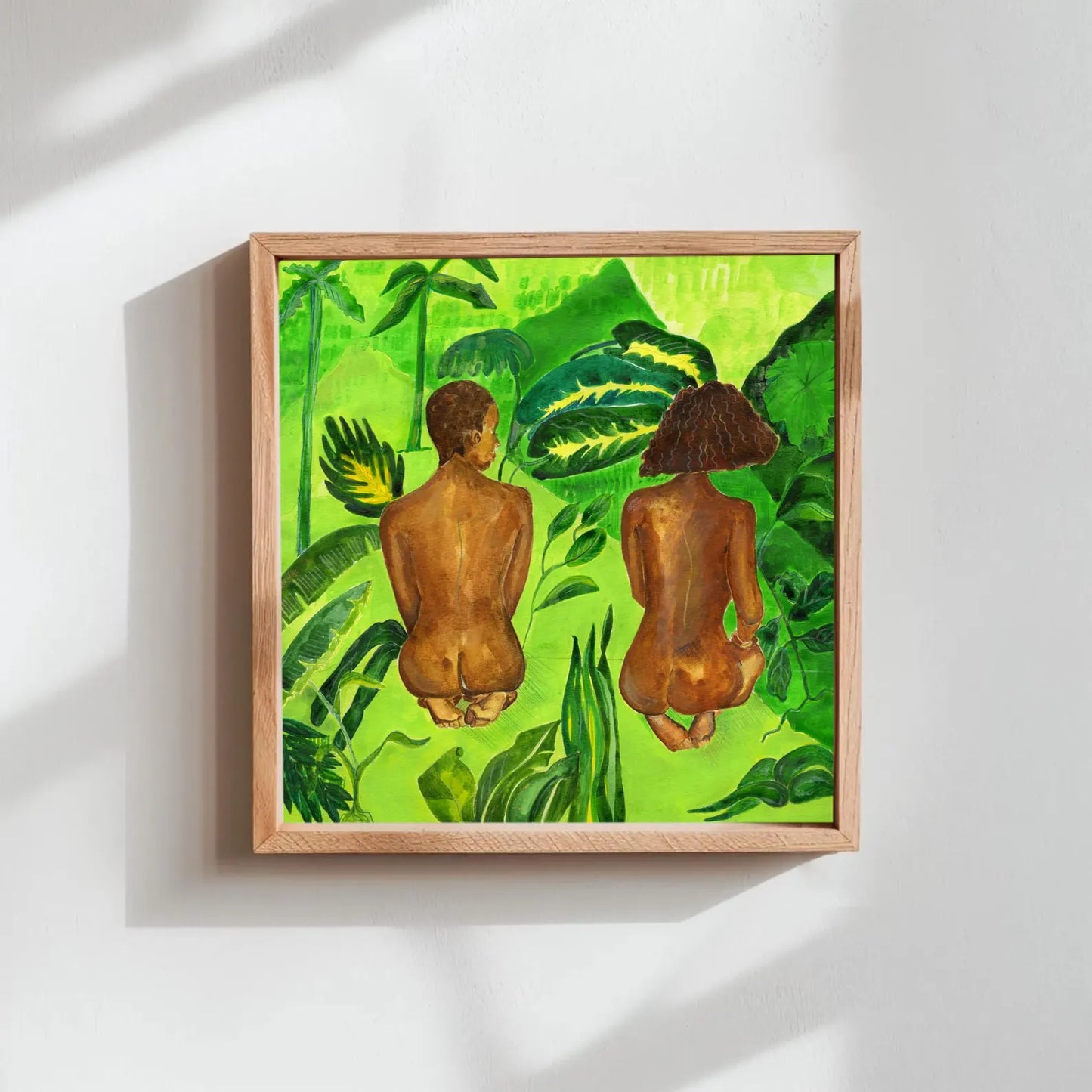 Grounded in Green original acrylic painting — full view of two figures among tropical foliage