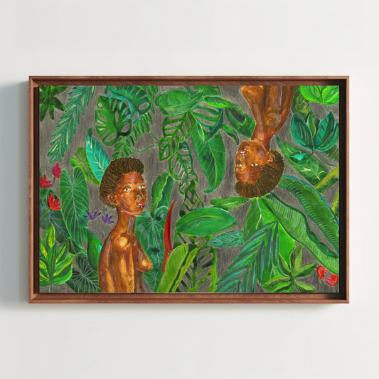 Caribbean acrylic painting of two figures surrounded by lush tropical leaves, monstera plants, and red flowers by Anya Cherrice