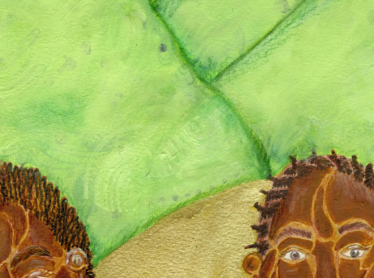 Sister Goddesses original painting — close-up detail showing acrylic texture and brushwork