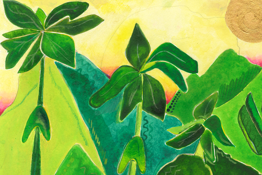 Golden Tropics original acrylic painting — full view of papaya trees and green mountains at sunset