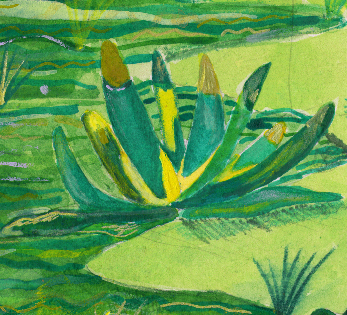 In the Valley of Green original painting — close-up detail of water lily showing acrylic texture