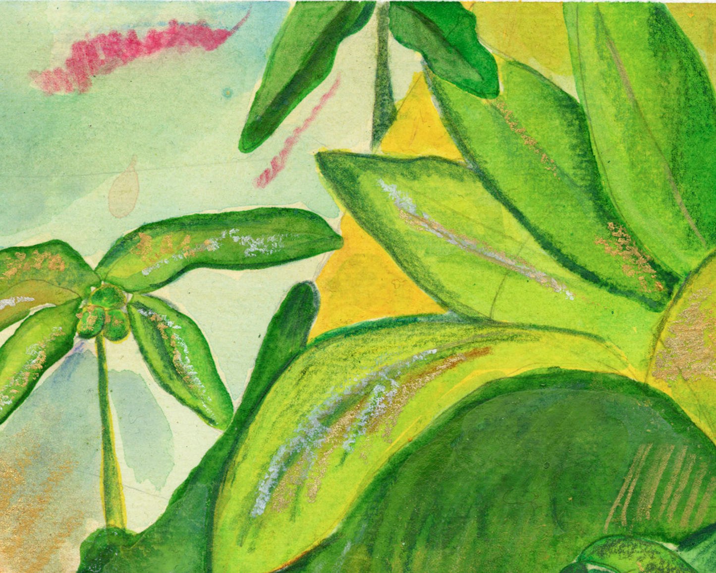 Close-up detail of Freedom Becomes Her showing hand-painted acrylic brushwork of banana leaves and golden sunrise by Anya Cherrice