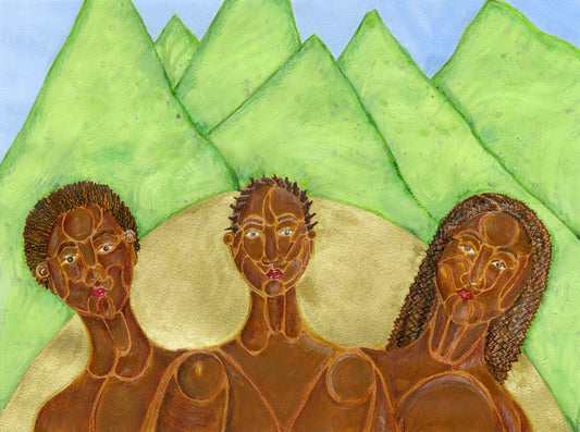 Sister Goddesses original acrylic painting — full view of three women embracing before green mountains