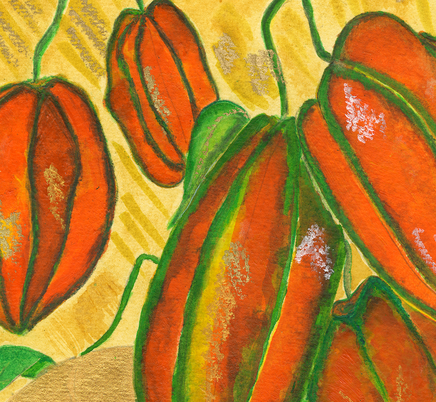 Close-up of Star Fruit Art Print showing tropical starfruit with green stems on a gold background by Anya Cherrice