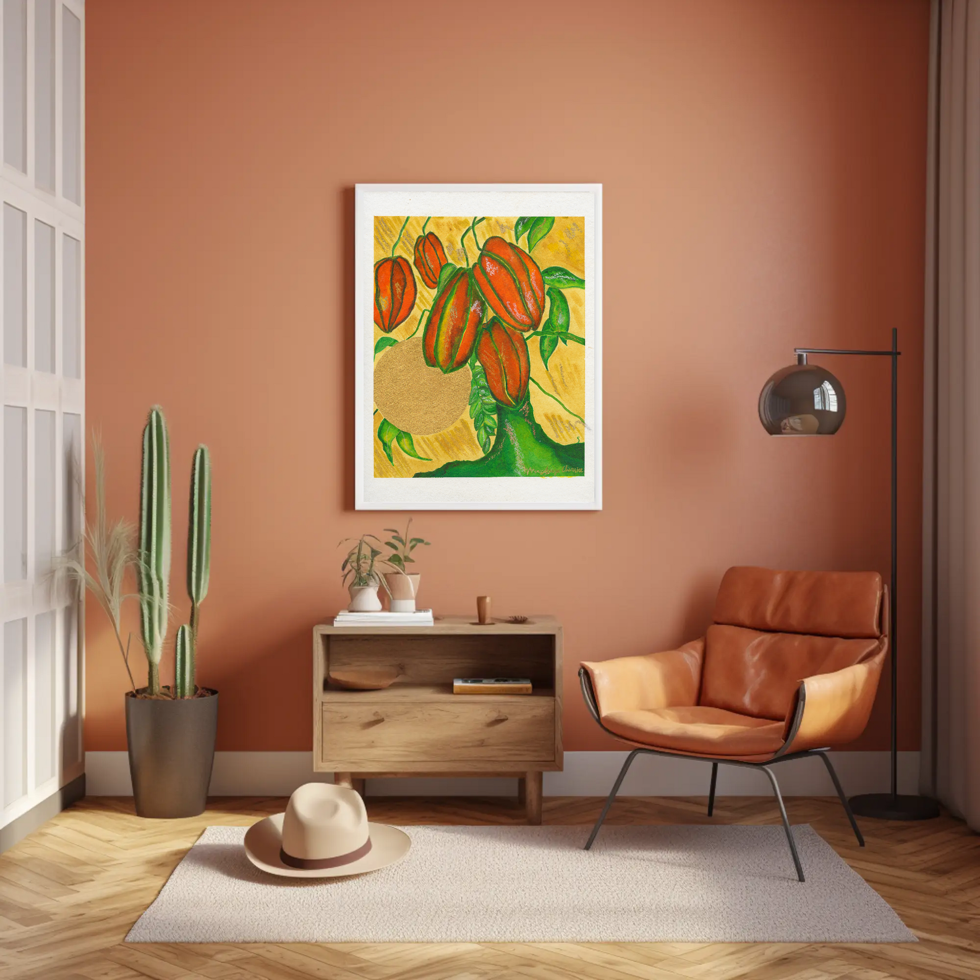 Star Fruit Art Print styled in a warm living room with a brown leather chair by Anya Cherrice