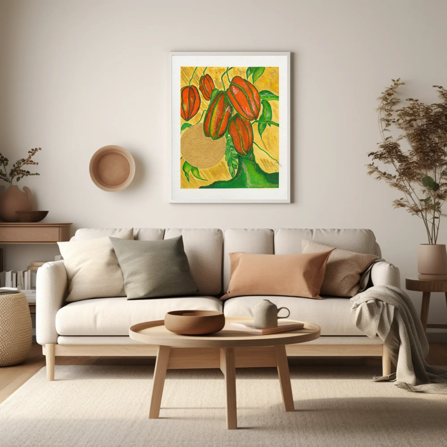 Star Fruit Art Print displayed above a beige sofa in a modern living room by Anya Cherrice