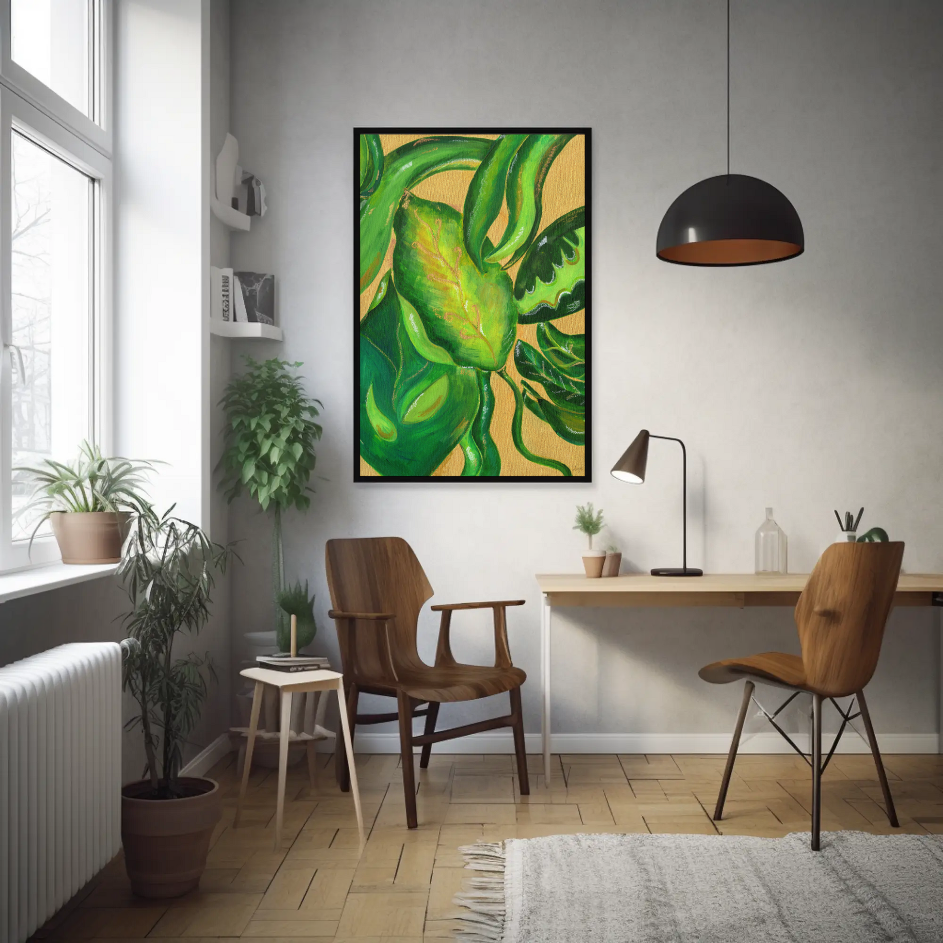 Modern office with a desk, chairs, and a large green abstract painting by Anya Cherrice Art on the wall.