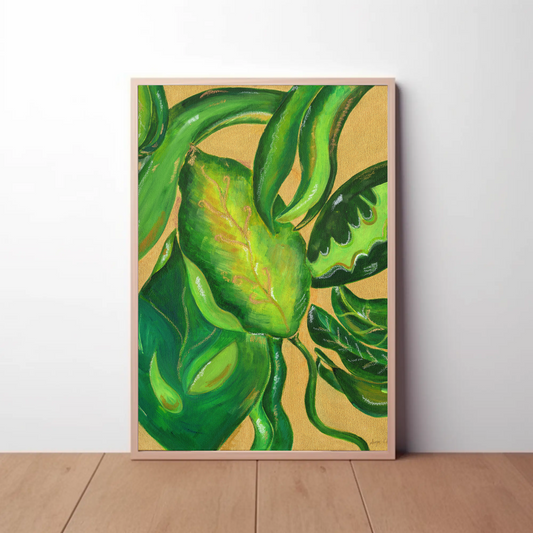 Tropical Leaf Art Print – Green Leaves on Gold