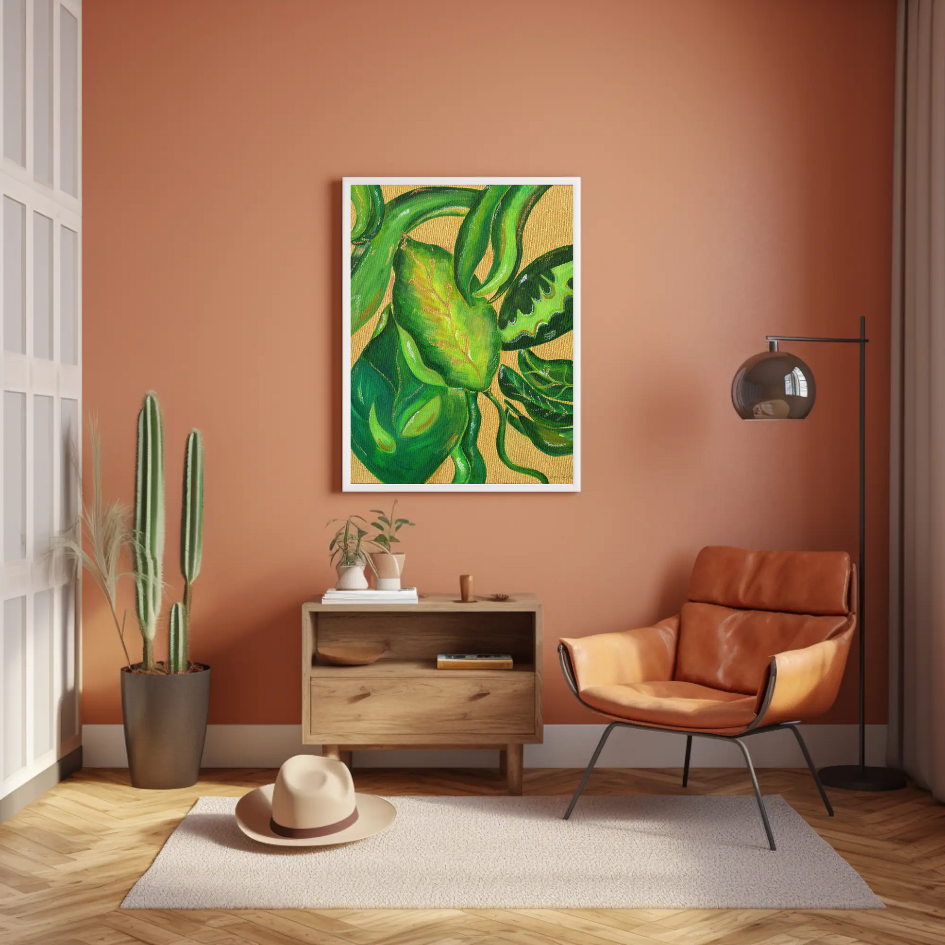 Living room with a brown wall, leather chair, wooden cabinet, and a green leafy plant painting by Anya Cherrice Art.