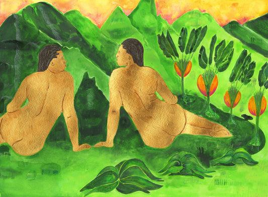 Tropical Painting of two golden women sitting amongst green mountains and palm trees