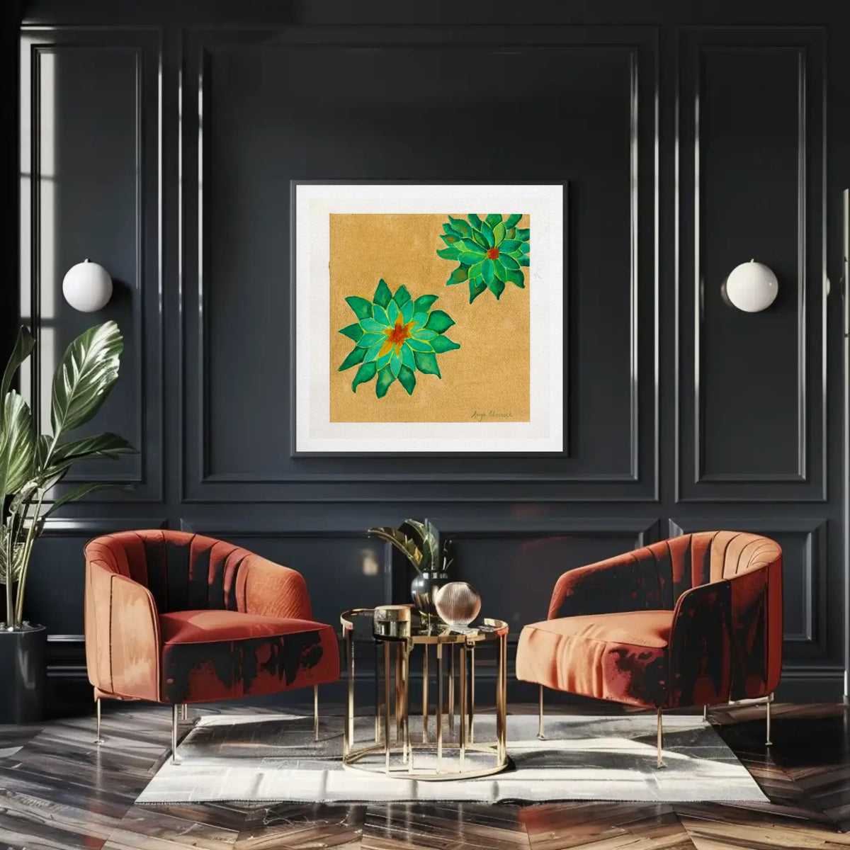 Succulents on Gold – Green Botanical Art Print