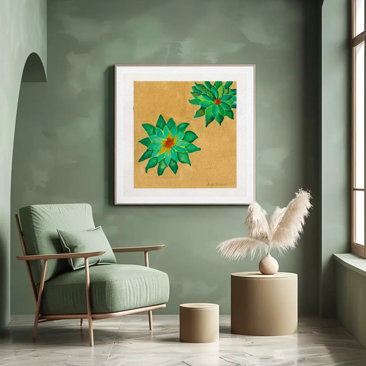 Succulents on Gold – Green Botanical Art Print