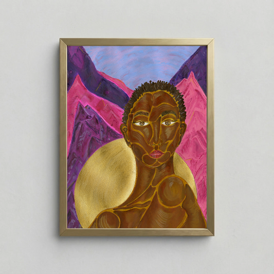 Original acrylic painting of a woman with a golden sun behind her by Anya Cherrice