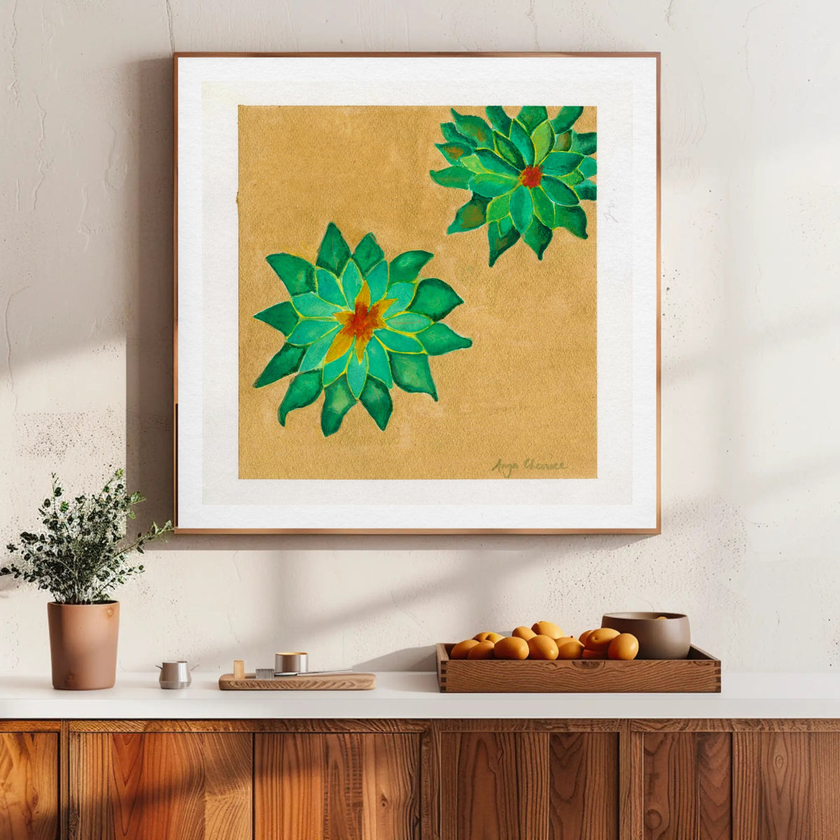 Succulents on Gold – Green Botanical Art Print