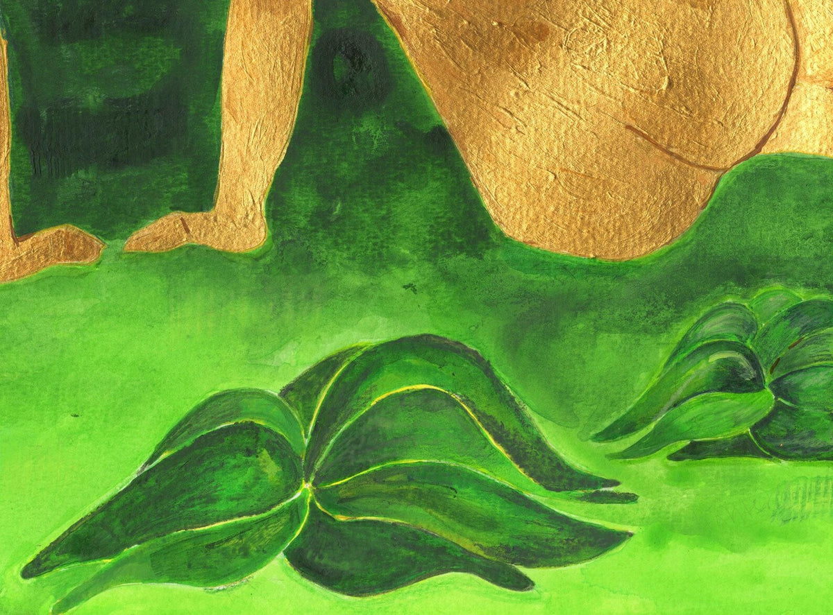 Where the Sun Rests original painting — detail of golden figure and deep green leaves, showing acrylic texture